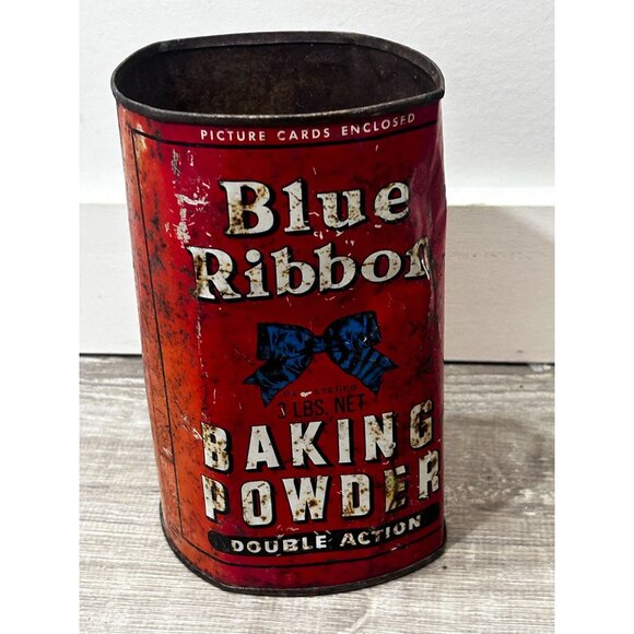Vintage Blue Ribbon Baking Powder Tin Can Large 16 OZ - Picture 1 of 8